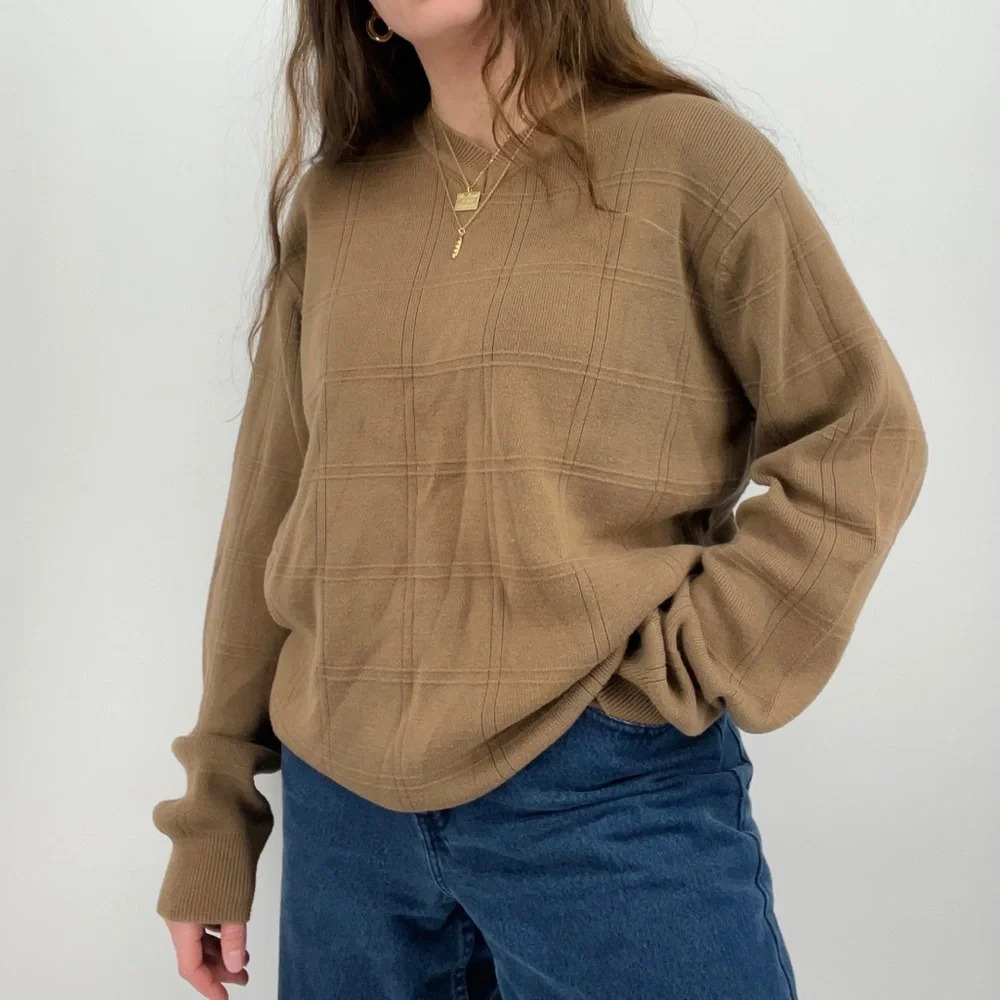 vintage brown sugar slouchy boho grid patterned v-neck pullover sweater cotton M